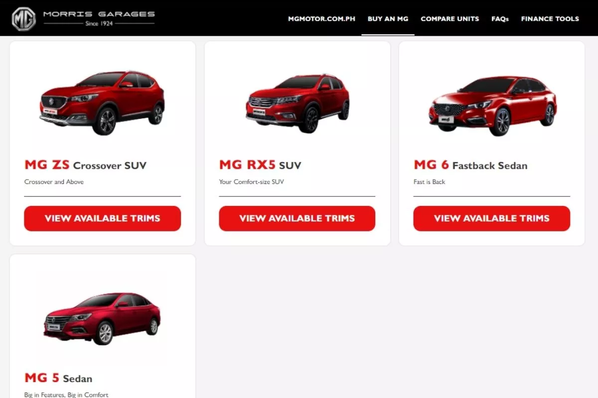 MG shopping website landing page
