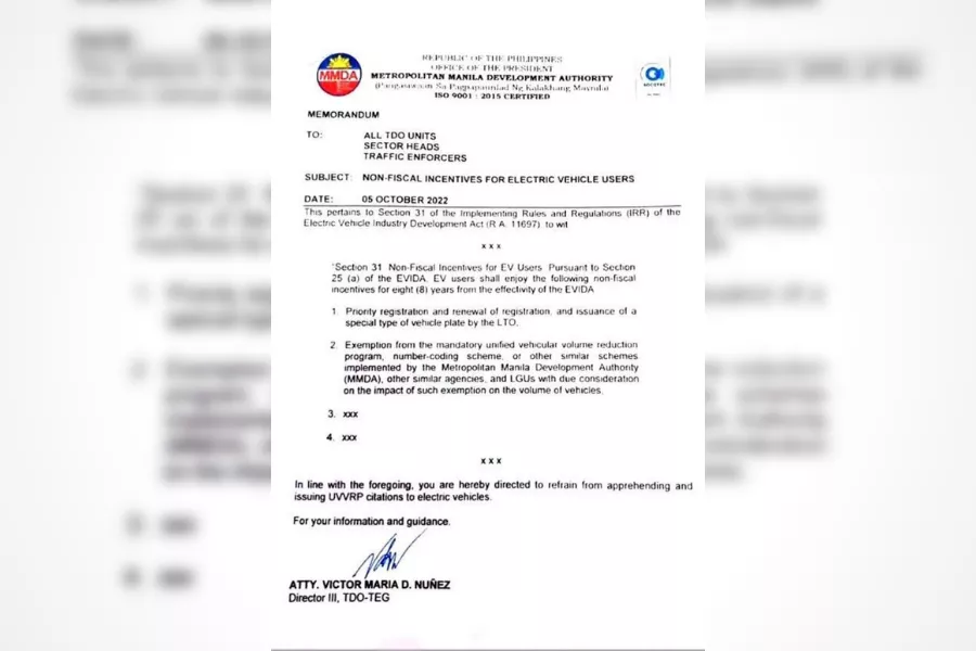 MMDA Memorandum regarding EV exemption from the number coding