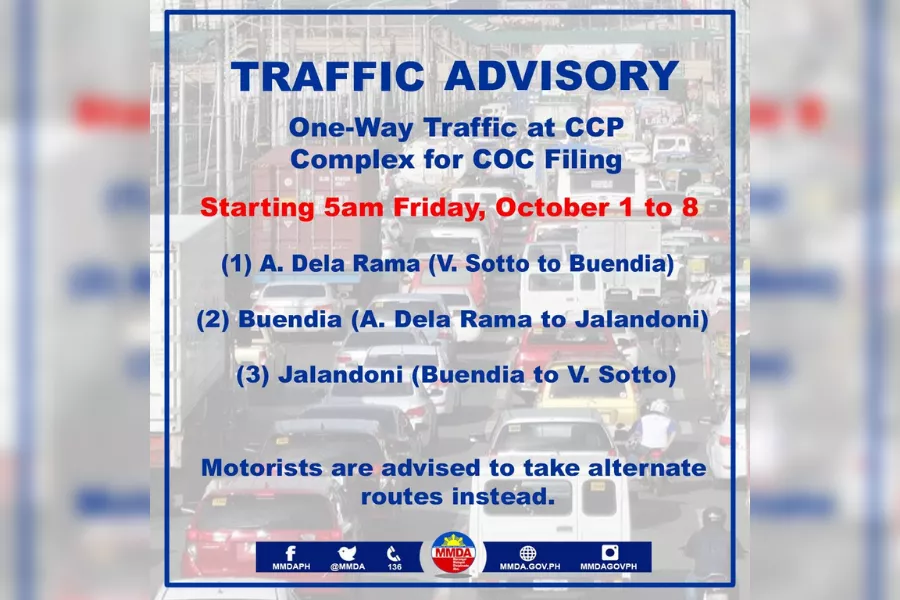 A picture of the MMDA post regarding the temporary one-way traffic scheme at the CCP Complex