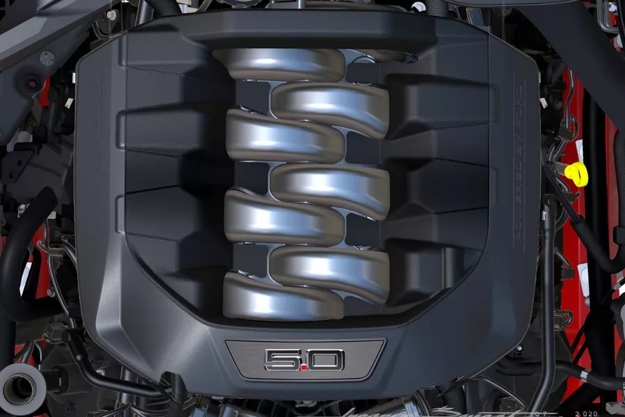 A top view of the new Mustang's 5.0-liter V8 engine