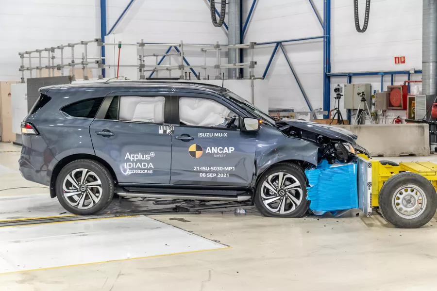 A picture of the Isuzu mu-X during the frontal offset crash test