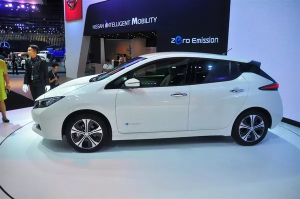 the Leaf will be available for sales in 7 markets in Oceania and Asia this year The side of the Nissan Leaf at the 2018 Bangkok Motor Show
