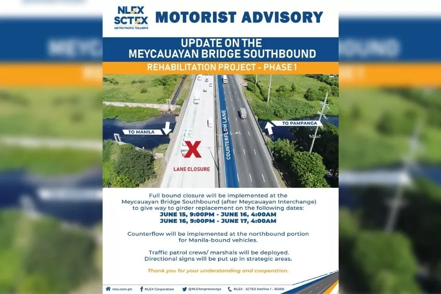 A picture of the NLEX Corp post on lane closures on Meycauayan brdige