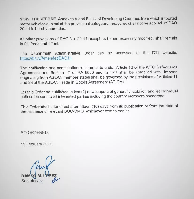 The DTI updated its list of exempted countries DTI DAO 21-01 page 2