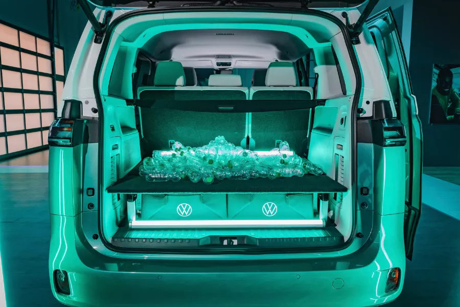 A picture of plastic bottles on-board the VW ID. Buzz