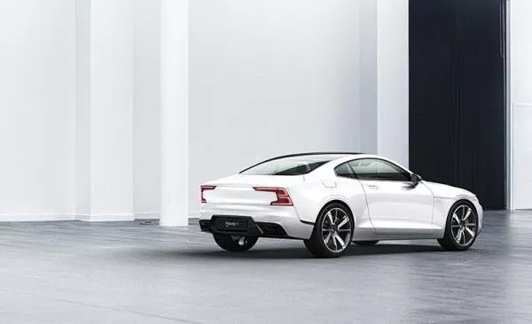 Angular rear view of a white Polestar 1 2020