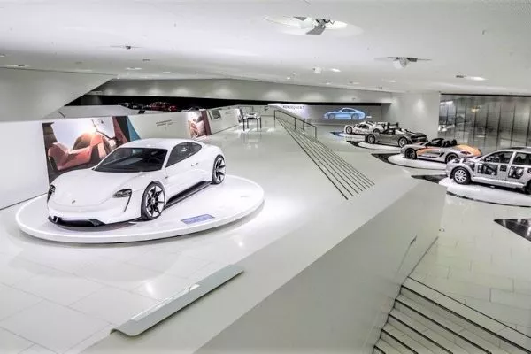 A picture of the Porsche Museum highlighting the Taycan