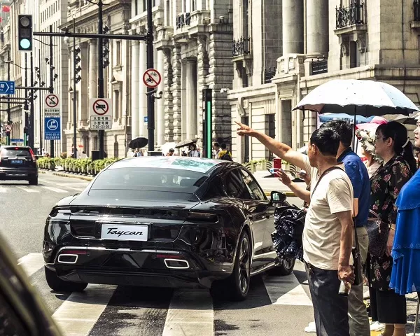 A picture of the Taycan EV in the streets of Shanghai