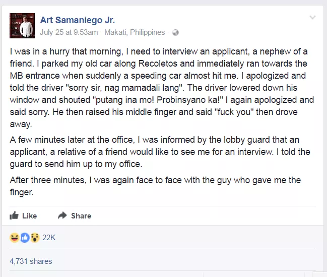 screenshot of the facebook post by an editor for Manila Bulletin about road rage