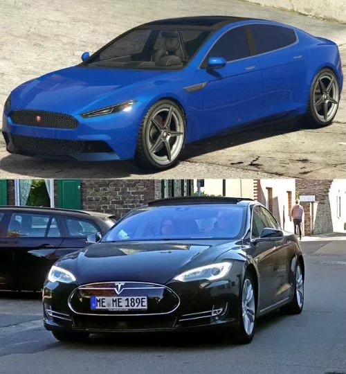A picture of the Coil Raiden and the real life Tesla Model S