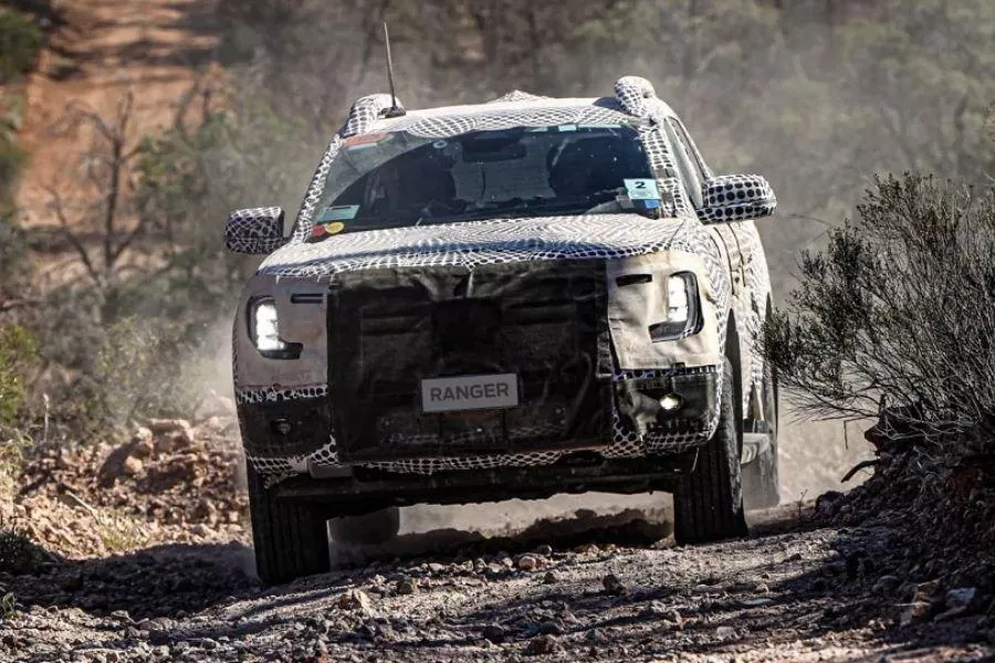 The 2022 Ford Ranger running on a dry, desert-like terrain