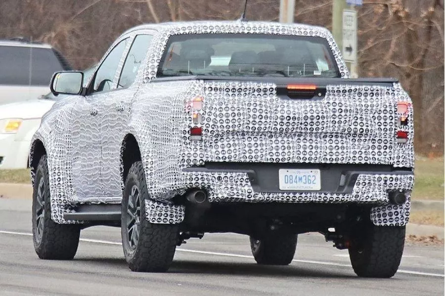 A picture of the rear of the Ford Ranger Raptor test mule.