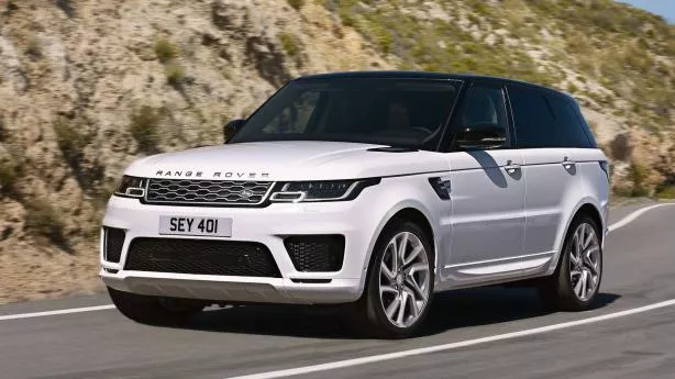A white  Range Rover Sport P400e on the road