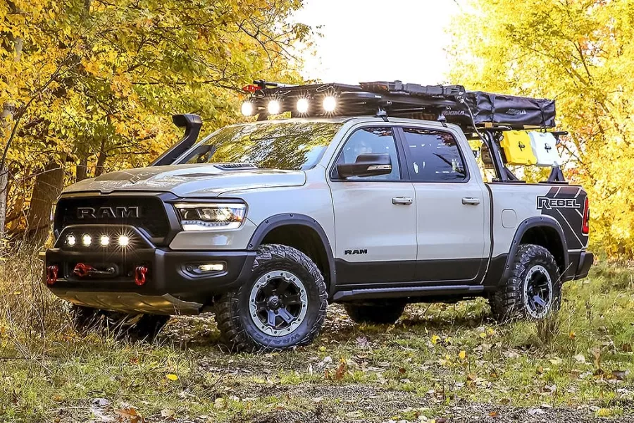 A picture of the RAM 1500 Rebel OTG concept parked in the middle of a forest.