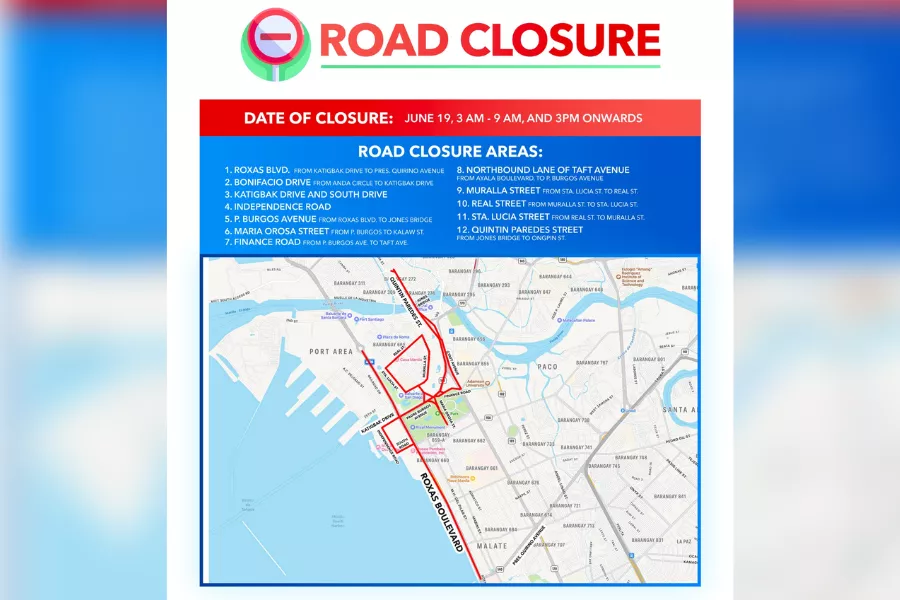 A map of Manila showing the road closures for the presidential inauguration