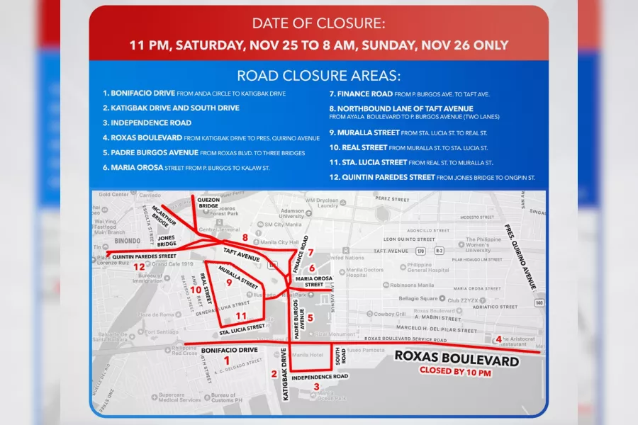 A map showing the roads to be closed. 