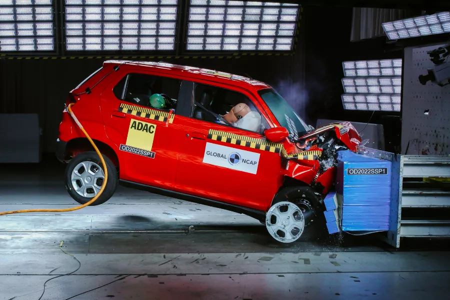 A picture of the Suzuki S-Presso undergoing crash testing