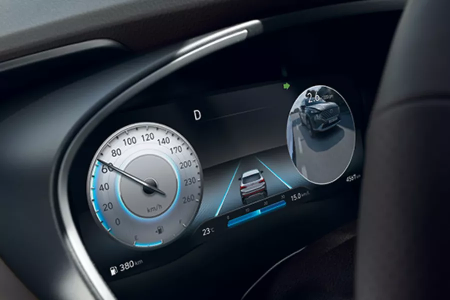 Its TFT digital gauge can display a blind-spot monitor A picture of the Santa Fe's digital gauge cluster