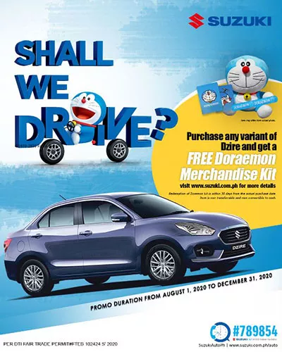 A picture of the Suzuki Dzire promo with Doraemon merch.