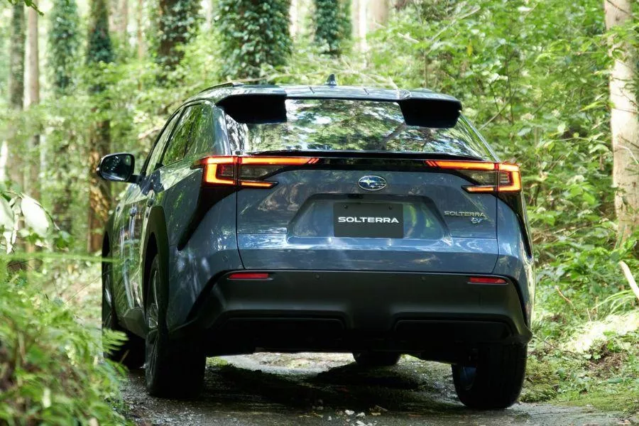 Like other Subies, the all-new Solterra has AWD A picture of the rear of the Subaru Solterra