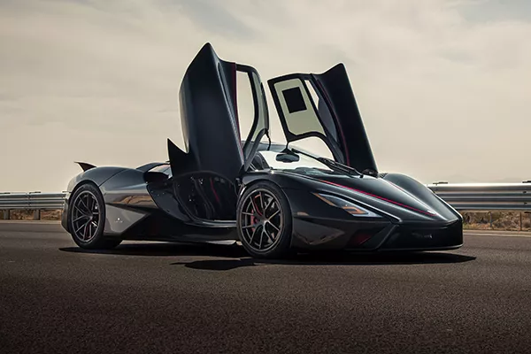 The SSC Tuatara parked with its doors open.