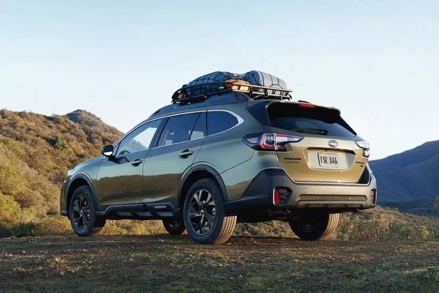 The upcoming Outback from the rear A picture of the rear of the sixth-gen Outback