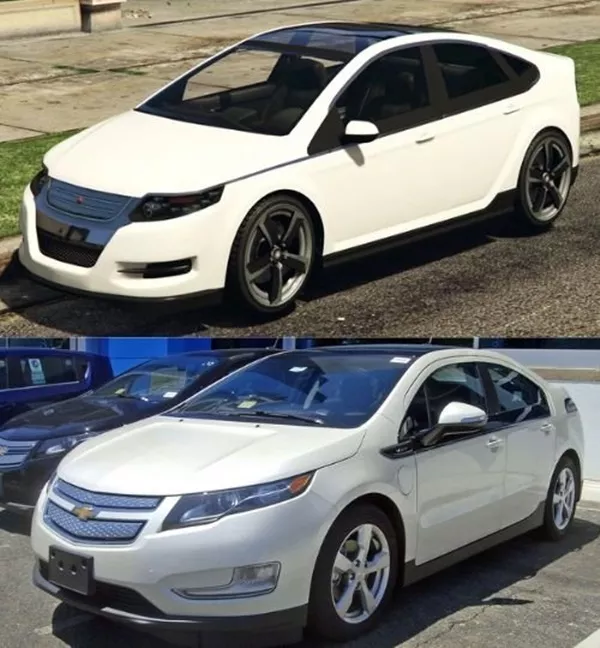 A picture of the Surge in GTA V and its real life counterpart; the Chevy Volt