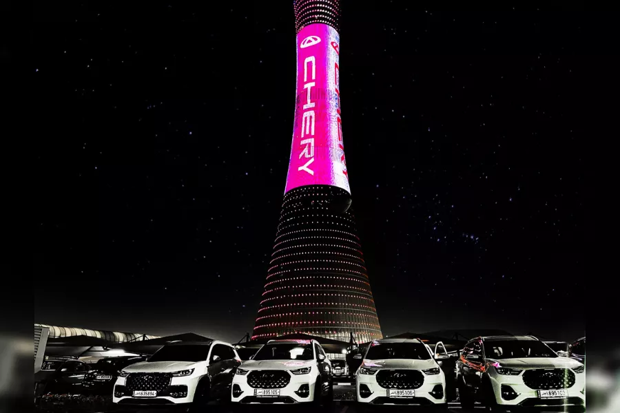 A picture of Torch Doha lit up by Chery