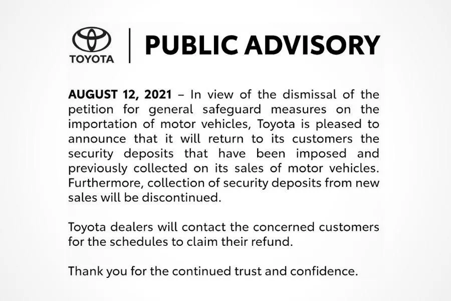 Toyota Motor Philippines safeguard duty refund