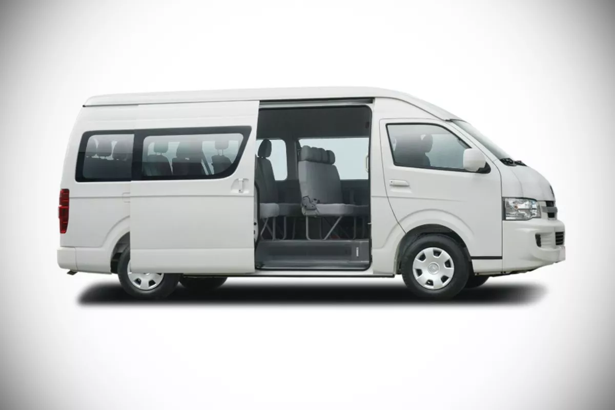 A picture of the side of the Hiace with sliding doors open