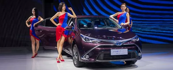 The angular front of The plug in hybrid Toyota Levin at China Auto Show