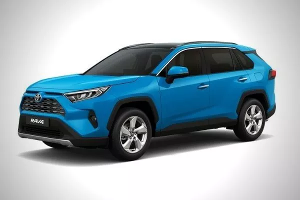 A picture of a blue Toyota Rav4 with white background