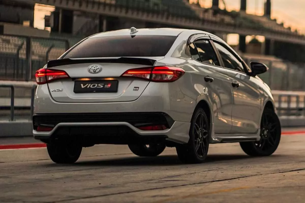 A picture of the rear of Toyota Vios GR-S while it's parked on a race track