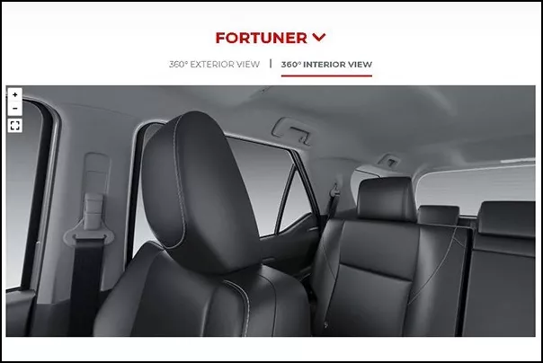 A screenshot of the Toyota Virtual Showroom's interior 360-degree view function