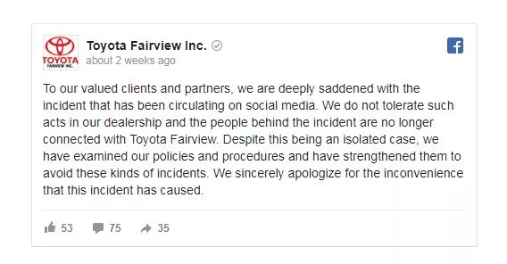screenshot of Toyota Fairview's facebook post