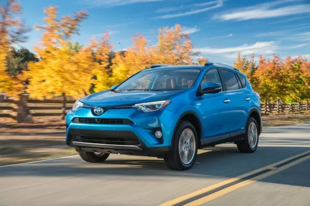Angular front of a blue Toyota RAV 4