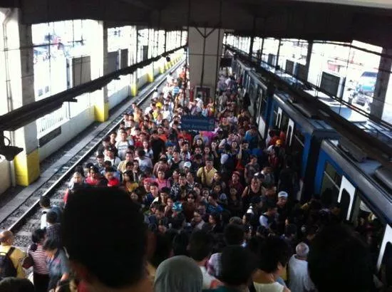 Overcrowding at a train station in the Philippines