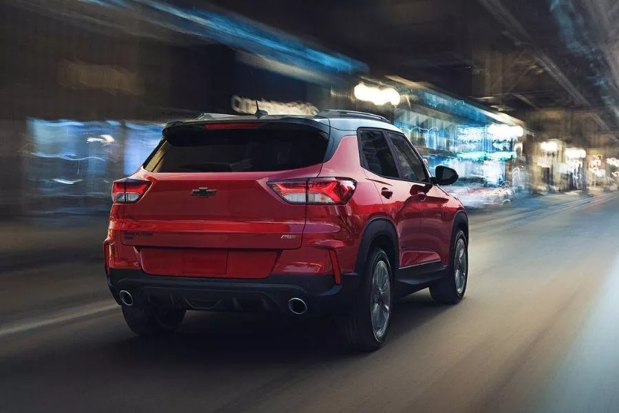 A picture of the rear of the Trailblazer as it travels on a city road.