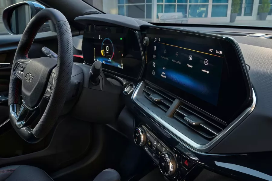 A peek inside the Trax's cockpit A picture of the Chevy Trax's interior.