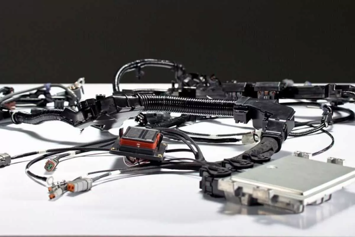 A picture of the Control Package's wiring harness and ECU