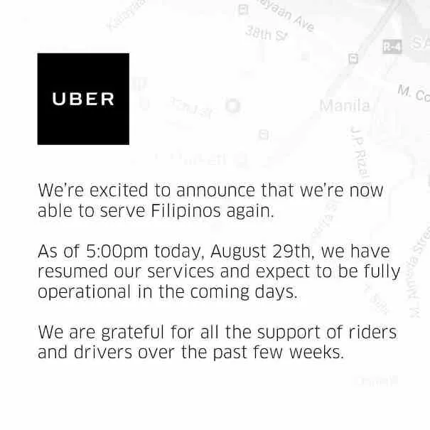 Uber official annoucement about resuming its services