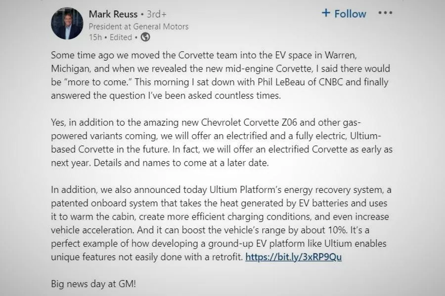 Mark Reuss LinkedIn post