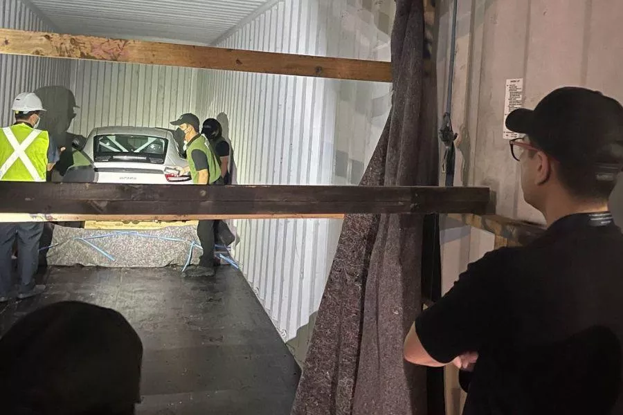 Seized Porsche 911 GT3 RS in container van