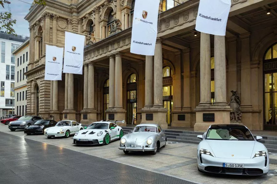 Porsche cars outside trading hall