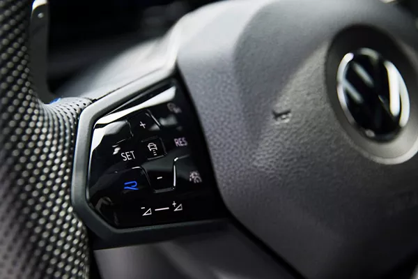A closeup of the VW Golf R's steering wheel
