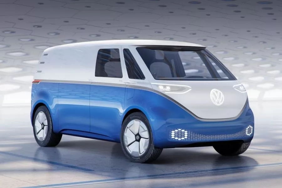 The electric-powered VW I.D. Buzz concept car. You see, VW really likes them puns A picture of the VW I.D. Buzz concept car