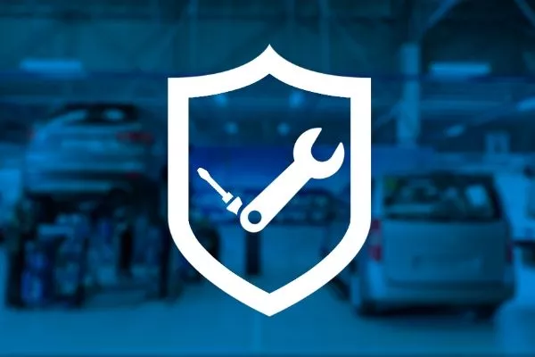 A picture of a maintenance logo with a blue background with cars