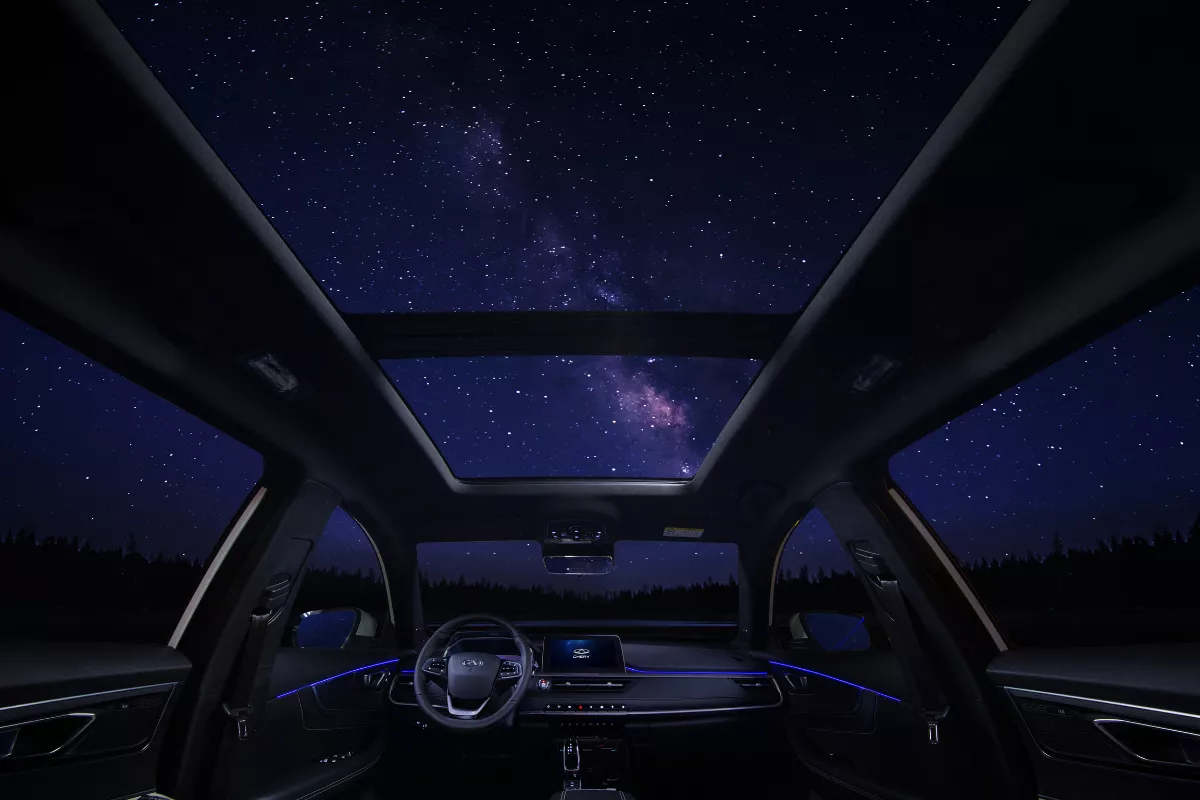 Stargazing date night panoramic sunroof shot