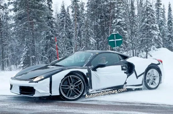 a Ferrari testing in snow weather