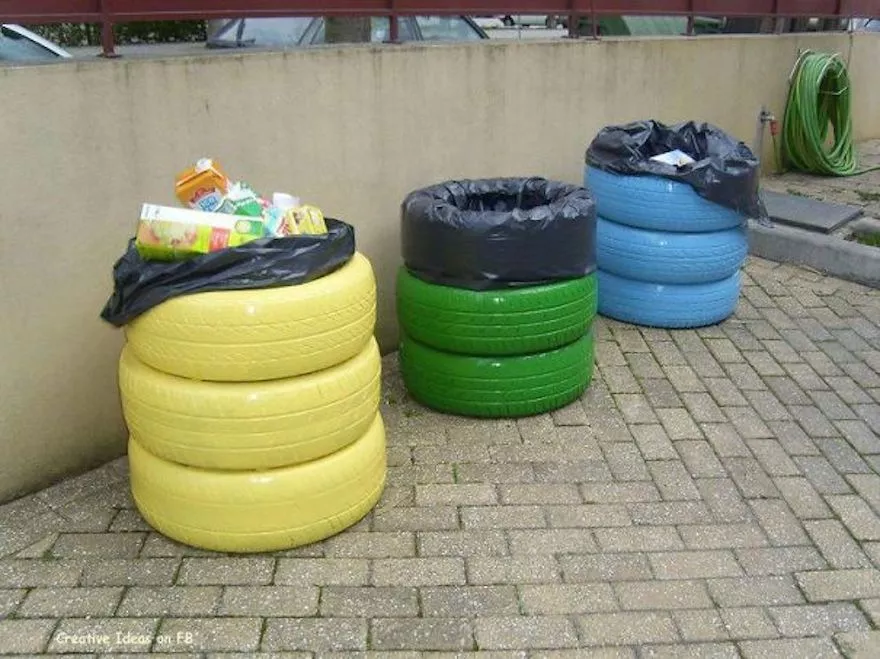 Three colored recycling bin tire